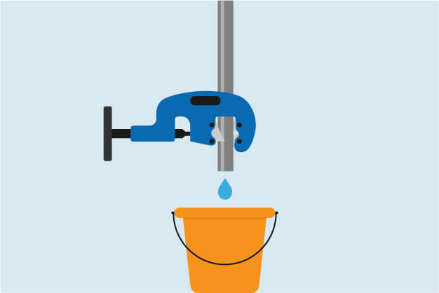 Illustration of a water softener installation process, showing a pipe tool dripping water into a bucket