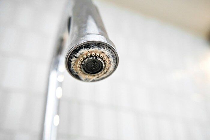 Hard water buildup on a showerhead, signs you need a water softener
