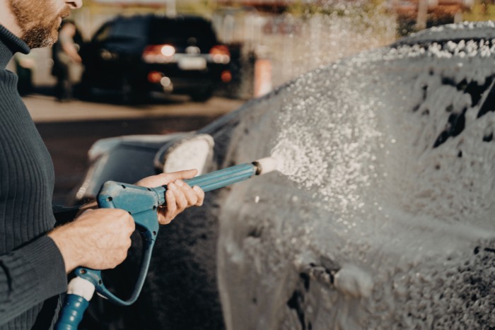 Optional pressure washer rinse for DIY water softener cleaning to remove salt residue